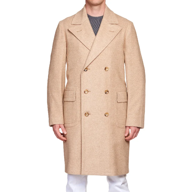 Luxury And Elegant BOGLIOLI Milano Beige Wool-Silk-Camelhair Flannel Unlined DB Coat Overcoat NEW